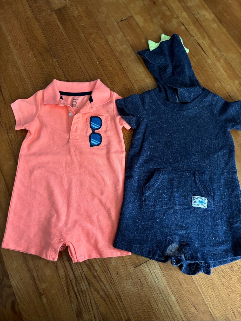 Carters Two Baby Rompers - Coral Polo & Navy Hooded Dino